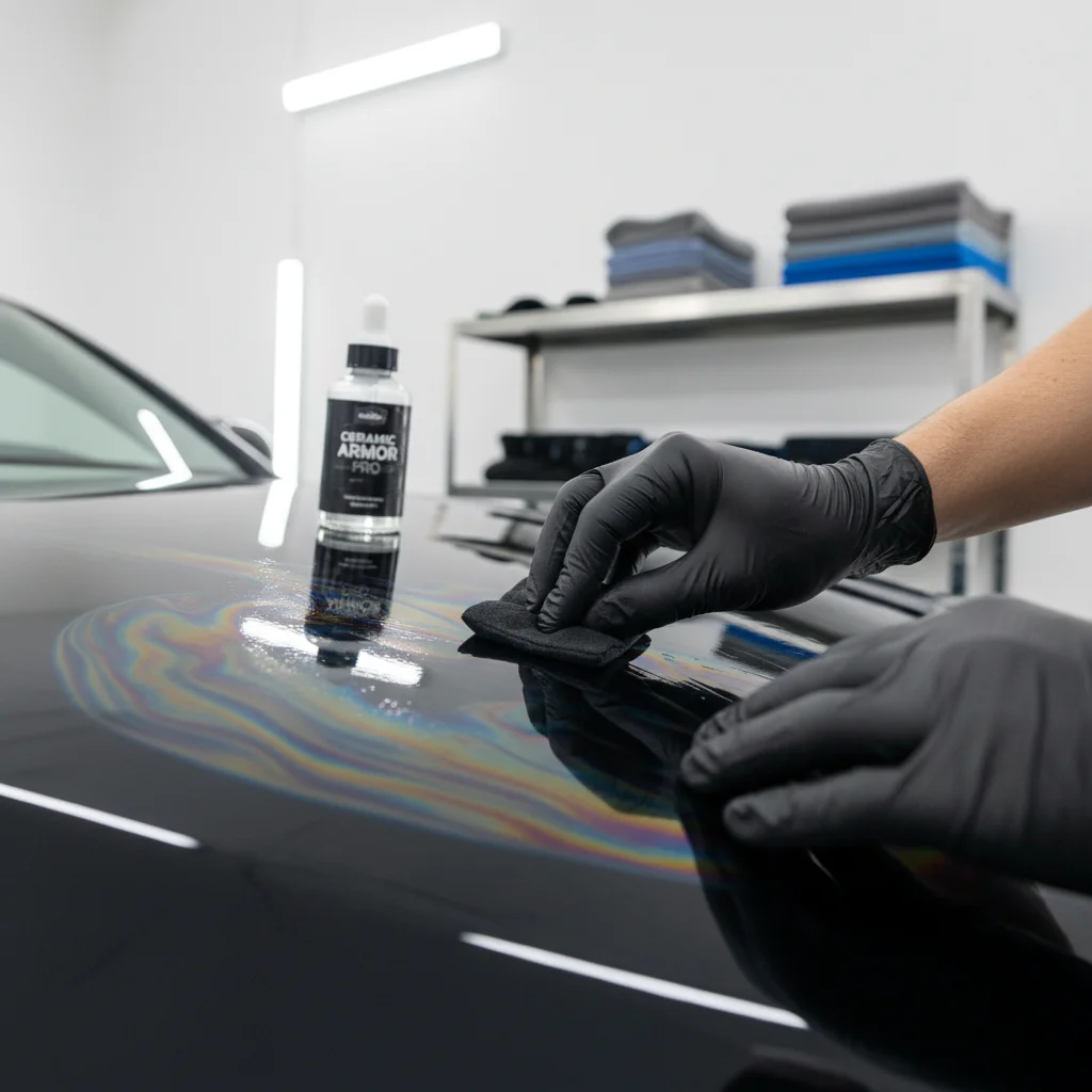 Ceramic coating being applied to car hood